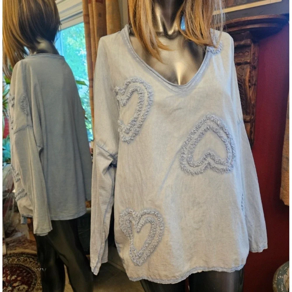 Made in Italy 100% Cotton Heart‎ Appliqué Lagenlook Oversized Boho Top Size O/S